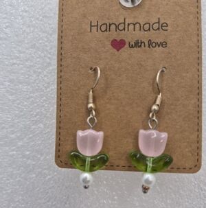 Handmade Pink & Green Tulip Dangle Earrings GREAT for Spring.